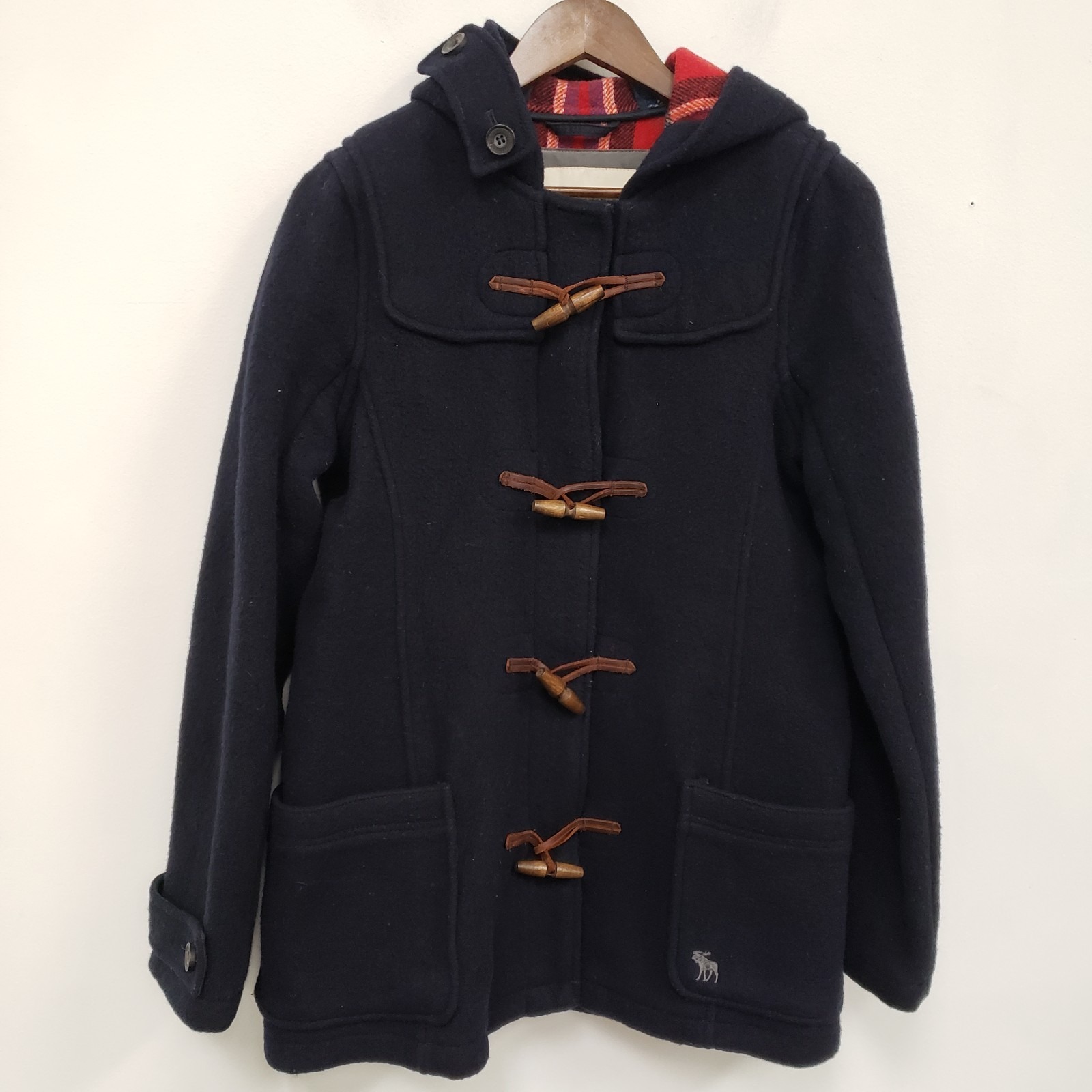 Abercrombie & Fitch Womens Wool Toggle Duffle Coat Size L Tartan Lined Hooded